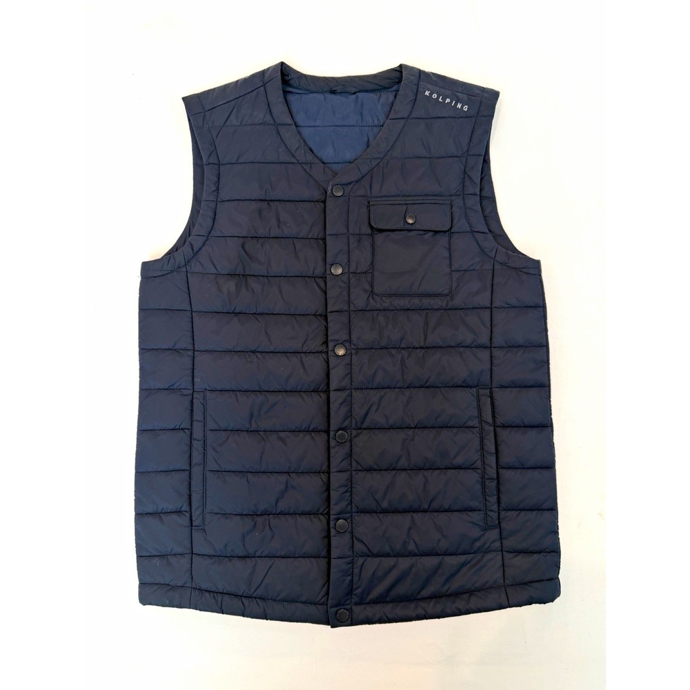 Kolping Quilted Puffer Vest Size M Navy Blue V Neck Snap Front Outdoor Insulated